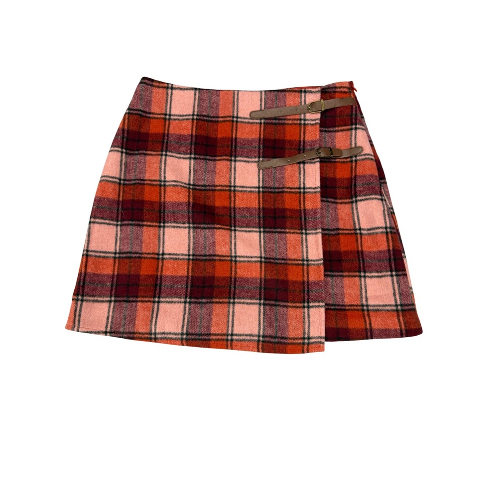 Vici Womens Orange Pink Plaid Wool Blend Mini‎ Wrap Skirt Size Small Buckle